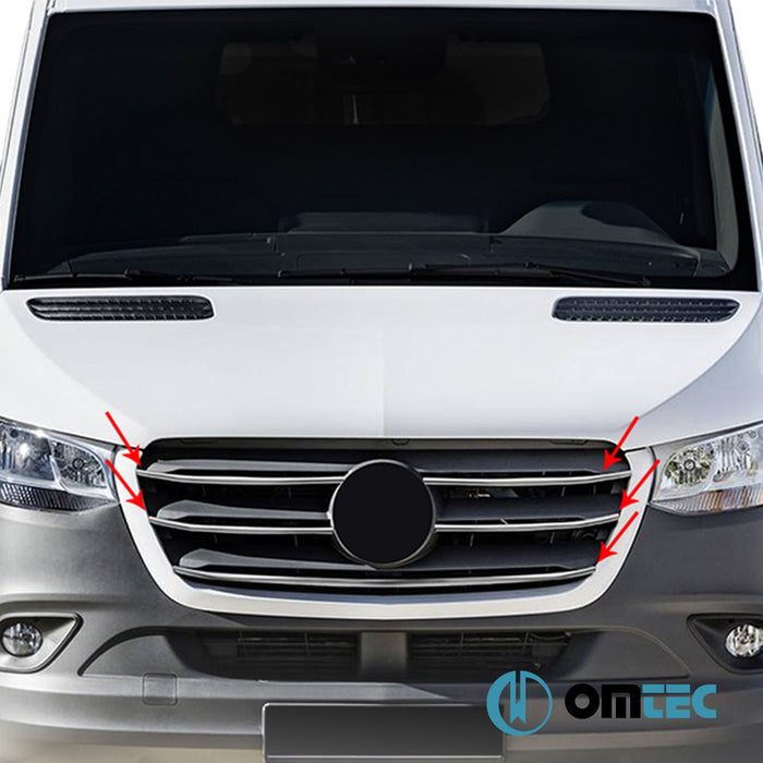 Grille de calandre - Baguettes chromées en inox - 5 pièces (Brossé) (Etroit) - Mercedes-Benz Sprinter - VAN W907 - (2018 - )