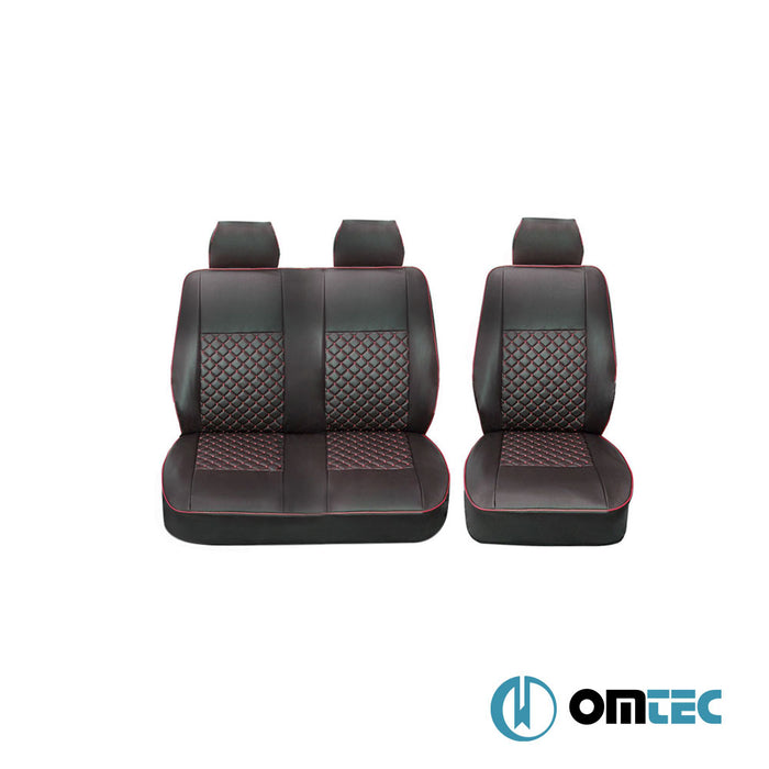 Seat Cover (Diamond-Leather-Black-Red) Double Seat - Volkswagen T4 Transporter - VAN T4 - (1990 - 2003)